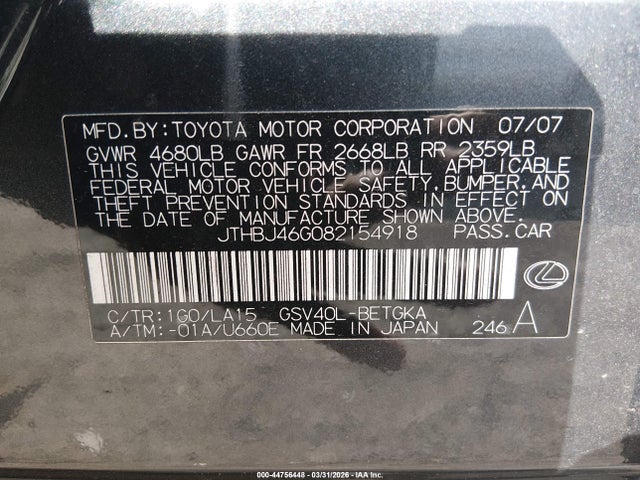 2008 Lexus Es 350 მანქანა იყიდება აუქციონზე, vin: JTHBJ46G082154918, აუქციონის ნომერი: 44756448