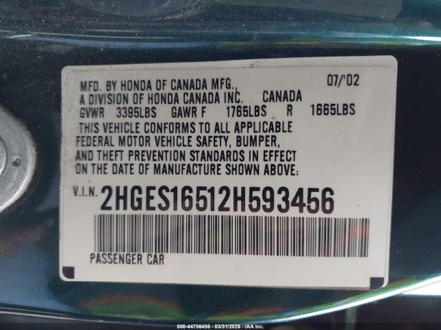 2002 HONDA CIVIC 2HGES16512H593456 Photo 8