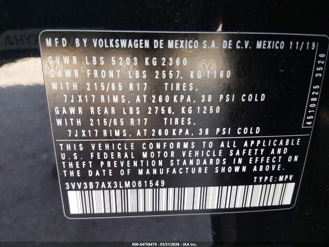 Продаж на аукціоні авто 2020 Volkswagen Tiguan 2.0t Se/2.0t Se R-line Black/2.0t Sel, vin: 3VV3B7AX3LM061549, номер лоту: 44756470
