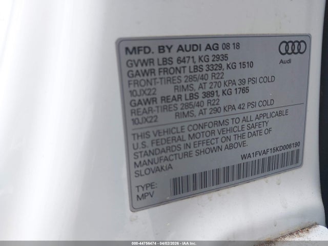Aukcja sprzedaży 2019 Audi Q8 55 Premium, vin: WA1FVAF15KD006190, numer aukcji: 44756474