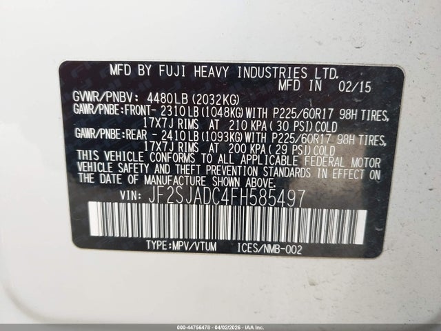 44756478 :رقم المزاد ، JF2SJADC4FH585497 vin ، 2015 Subaru Forester 2.5i Premium مزاد بيع