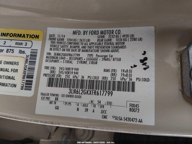 Продажа на аукционе авто 2015 Lincoln Mkz, vin: 3LN6L2GKXFR617799, номер лота: 44756484