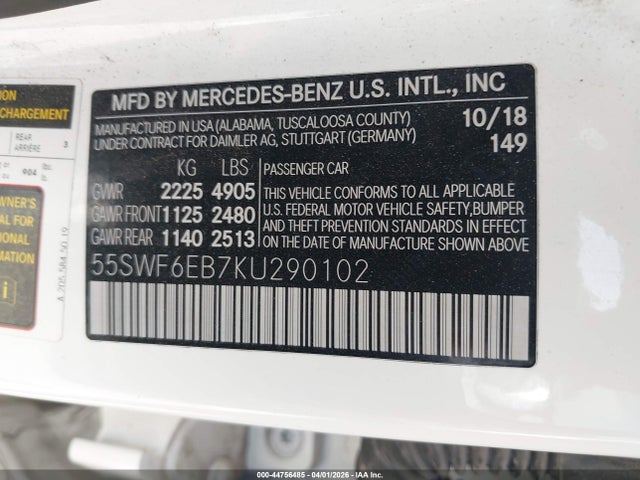 Продаж на аукціоні авто 2019 Mercedes-benz Amg C 43 4matic, vin: 55SWF6EB7KU290102, номер лоту: 44756485