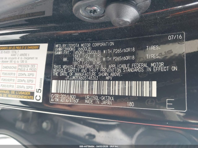 44756494 :رقم المزاد ، JTJJM7FX6G5148363 vin ، 2016 Lexus Gx 460 Luxury مزاد بيع