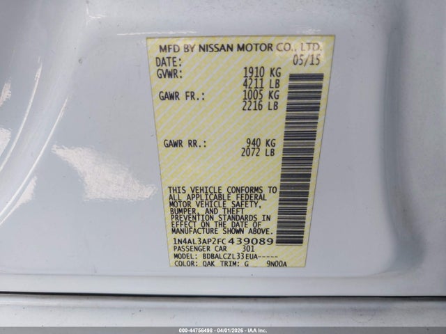 2015 Nissan Altima 2.5/2.5 S/2.5 Sl/2.5 Sv მანქანა იყიდება აუქციონზე, vin: 1N4AL3AP2FC439089, აუქციონის ნომერი: 44756498