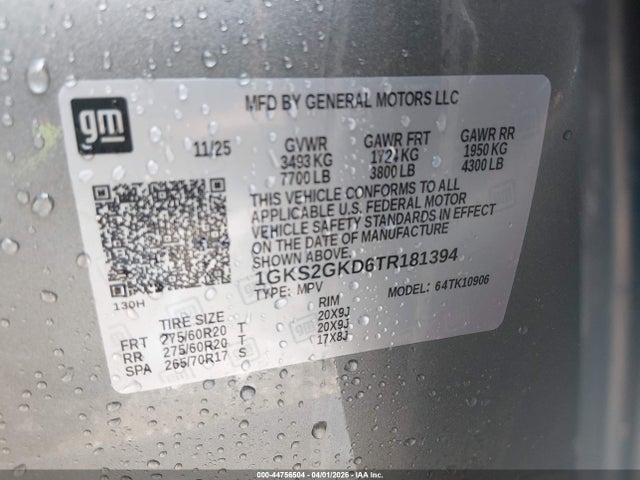 44756504 :رقم المزاد ، 1GKS2GKD6TR181394 vin ، 2026 Gmc Yukon Xl 4wd Elevation مزاد بيع