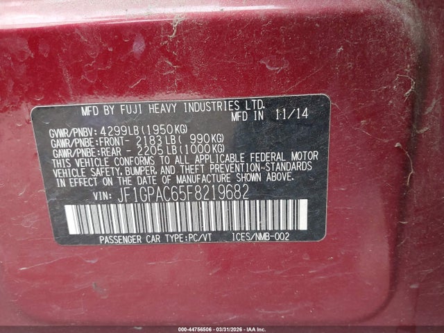 2015 Subaru Impreza 2.0i Premium მანქანა იყიდება აუქციონზე, vin: JF1GPAC65F8219682, აუქციონის ნომერი: 44756506