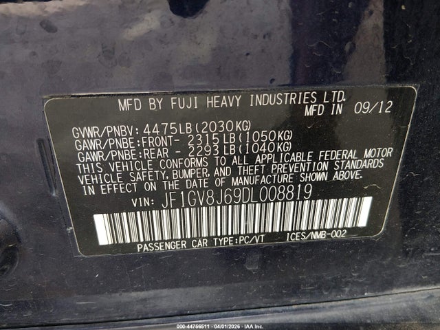 2013 Subaru Impreza Wrx Sti მანქანა იყიდება აუქციონზე, vin: JF1GV8J69DL008819, აუქციონის ნომერი: 44756511