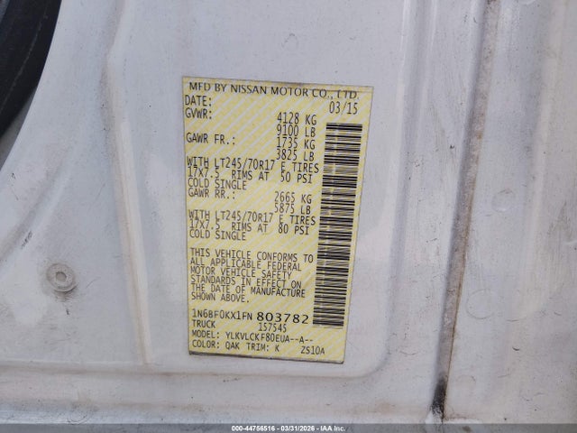 1N6BF0KX1FN803782 Nissan Nv Cargo Nv2500 Hd S V6