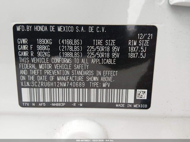 3CZRU6H12NM740689 Honda Hr-v Awd Sport