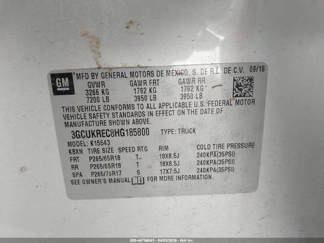 44756543 :رقم المزاد ، 3GCUKREC8HG185800 vin ، 2017 Chevrolet Silverado 1500 2lt مزاد بيع