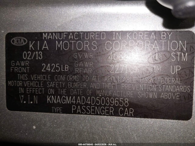 44756545 :رقم المزاد ، KNAGM4AD4D5039658 vin ، 2013 Kia Optima Hybrid Ex مزاد بيع