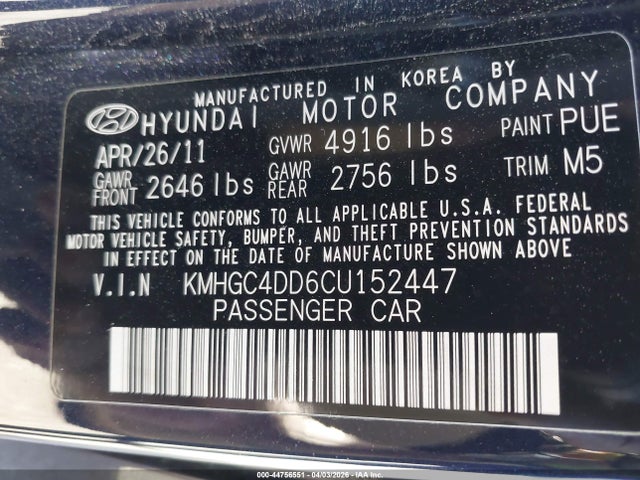 Продажа на аукционе авто 2012 Hyundai Genesis 3.8, vin: KMHGC4DD6CU152447, номер лота: 44756551
