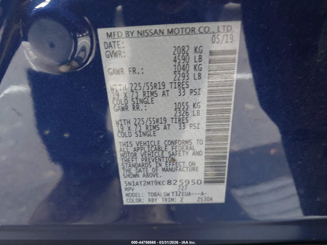 Продажа на аукционе авто 2019 Nissan Rogue Sl, vin: 5N1AT2MT9KC825950, номер лота: 44756568