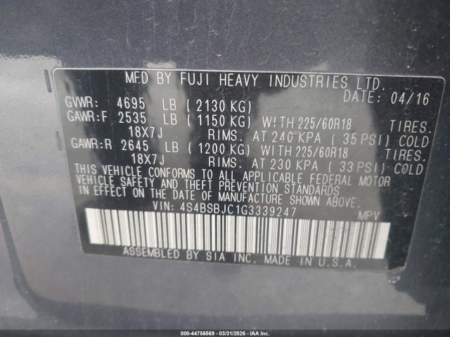 44756569 :رقم المزاد ، 4S4BSBJC1G3339247 vin ، 2016 Subaru Outback 2.5i Limited مزاد بيع