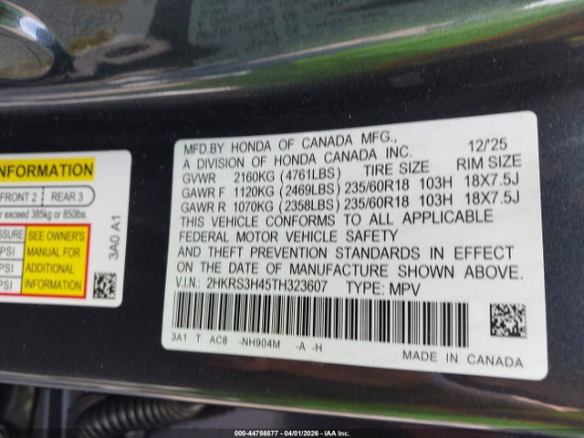 44756577 :رقم المزاد ، 2HKRS3H45TH323607 vin ، 2026 Honda Cr-v Ex 2wd مزاد بيع