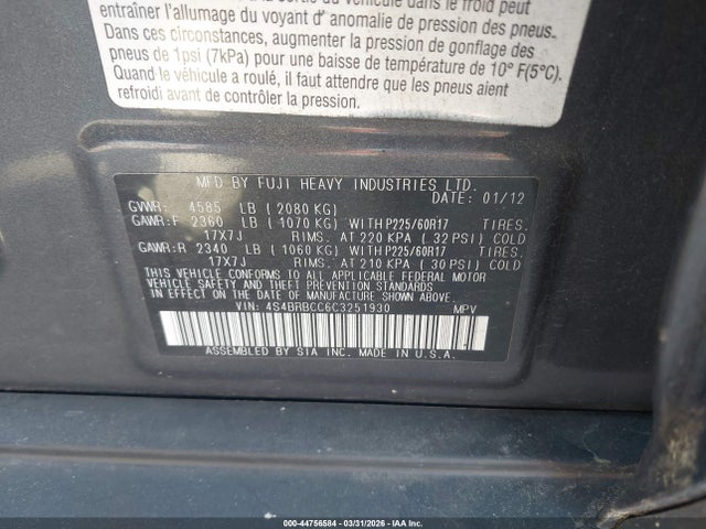 Aukcja sprzedaży 2012 Subaru Outback 2.5i Premium, vin: 4S4BRBCC6C3251930, numer aukcji: 44756584