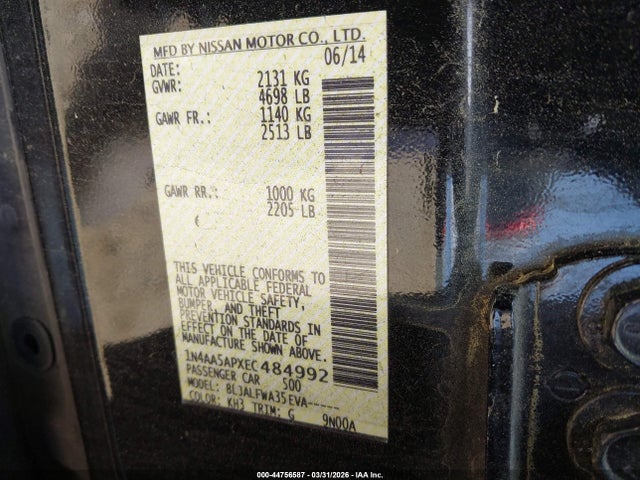 Auction sale of the 2014 Nissan Maxima 3.5 Sv, vin: 1N4AA5APXEC484992, lot number: 44756587