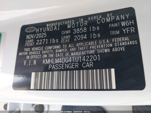 44756602 :رقم المزاد ، KMHLM4DG4TU142201 vin ، 2026 Hyundai Elantra Sel Sport مزاد بيع