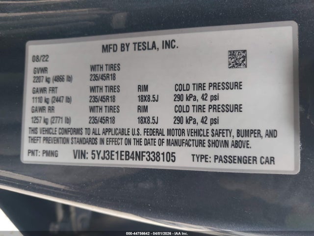 44756642 :رقم المزاد ، 5YJ3E1EB4NF338105 vin ، 2022 Tesla Model 3 Long Range Dual Motor All-wheel Drive مزاد بيع