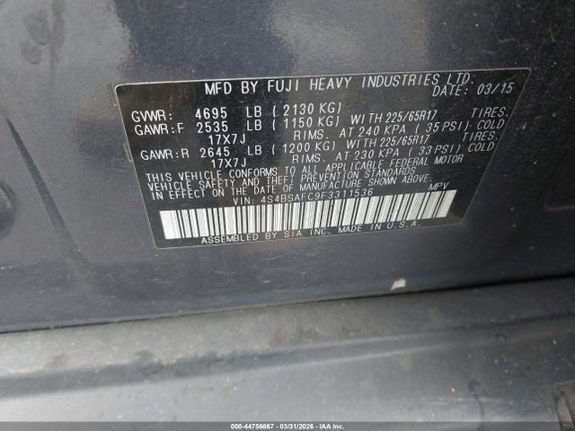 Subaru Outback 2.5i Premium 2015 4S4BSAFC9F3311536 Image 9