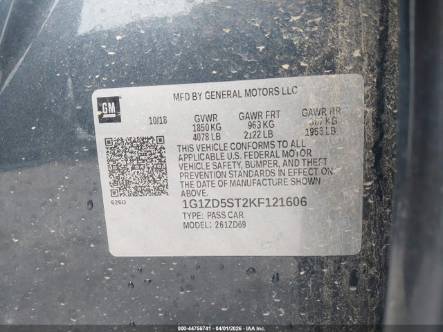 Aukcja sprzedaży 2019 Chevrolet Malibu Lt, vin: 1G1ZD5ST2KF121606, numer aukcji: 44756741