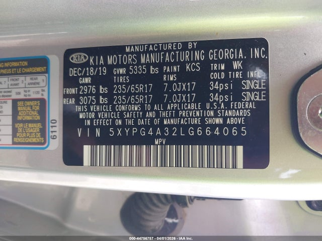 44756757 :رقم المزاد ، 5XYPG4A32LG664065 vin ، 2020 Kia Sorento 2.4l Lx مزاد بيع