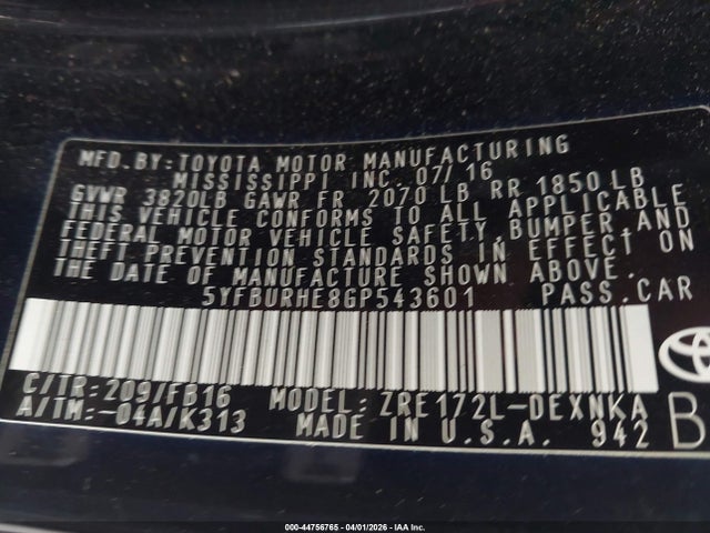44756765 :رقم المزاد ، 5YFBURHE8GP543601 vin ، 2016 Toyota Corolla Le مزاد بيع