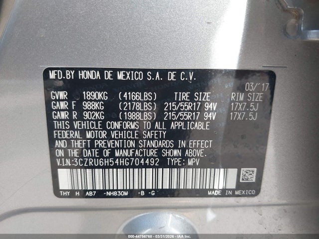 Aukcja sprzedaży 2017 Honda Hr-v Ex, vin: 3CZRU6H54HG704492, numer aukcji: 44756768