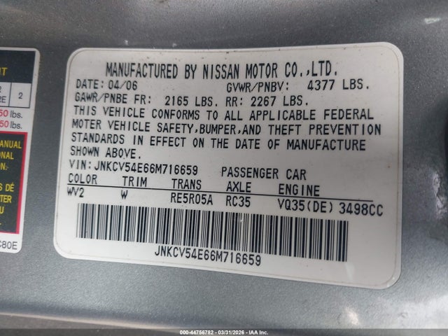 44756782 :رقم المزاد ، JNKCV54E66M716659 vin ، 2006 Infiniti G35 مزاد بيع