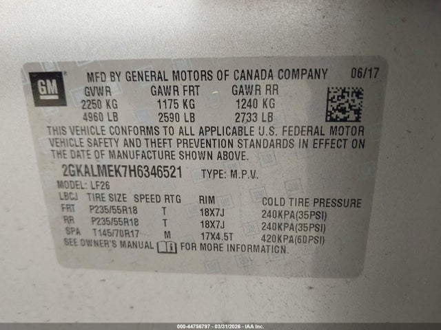Aukcja sprzedaży 2017 Gmc Terrain Sle-1, vin: 2GKALMEK7H6346521, numer aukcji: 44756797