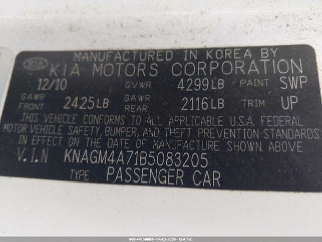 44756803 :رقم المزاد ، KNAGM4A71B5083205 vin ، 2011 Kia Optima Lx مزاد بيع