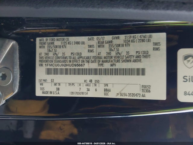 Aukcja sprzedaży 2017 Ford Escape Titanium, vin: 1FMCU0J92HUD95667, numer aukcji: 44756816