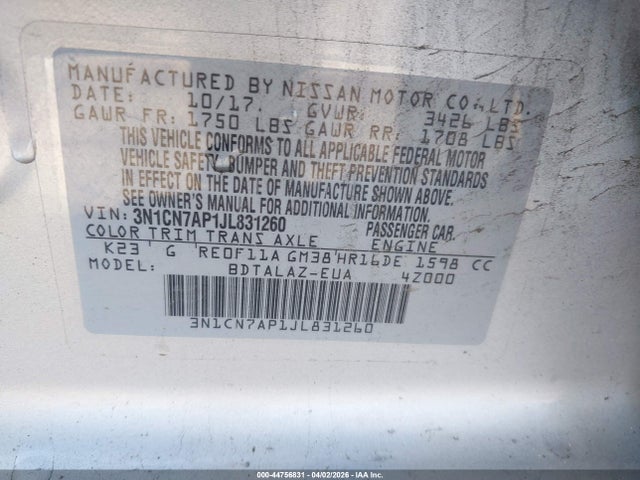 44756831 :رقم المزاد ، 3N1CN7AP1JL831260 vin ، 2018 Nissan Versa 1.6 S+ مزاد بيع