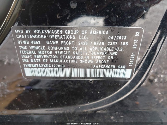Aukcja sprzedaży 2013 Volkswagen Passat 2.0l Tdi Se, vin: 1VWBN7A3XDC127898, numer aukcji: 44756843