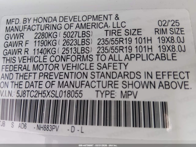 44756867 :رقم المزاد ، 5J8TC2H5XSL018055 vin ، 2025 Acura Rdx Technology Package مزاد بيع