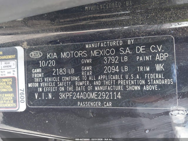 Продаж на аукціоні авто 2021 Kia Forte Fe, vin: 3KPF24AD0ME292114, номер лоту: 44756868