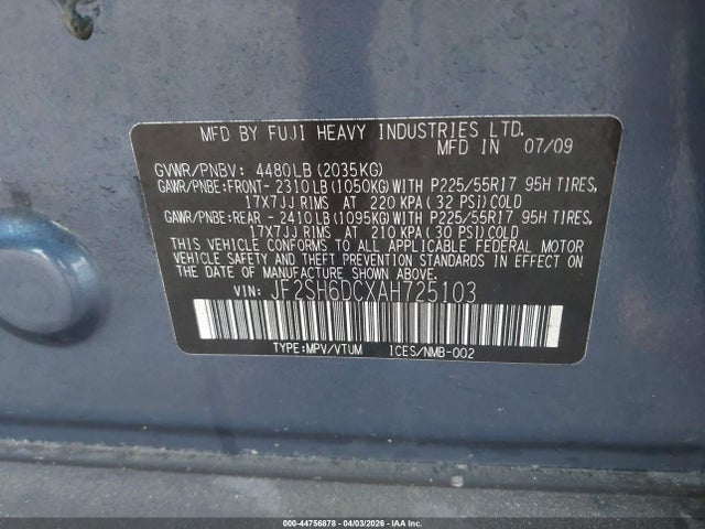 Продажа на аукционе авто 2010 Subaru Forester 2.5x Limited, vin: JF2SH6DCXAH725103, номер лота: 44756878