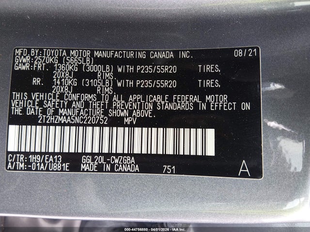 44756880 :رقم المزاد ، 2T2HZMAA5NC220752 vin ، 2022 Lexus Rx 350 مزاد بيع