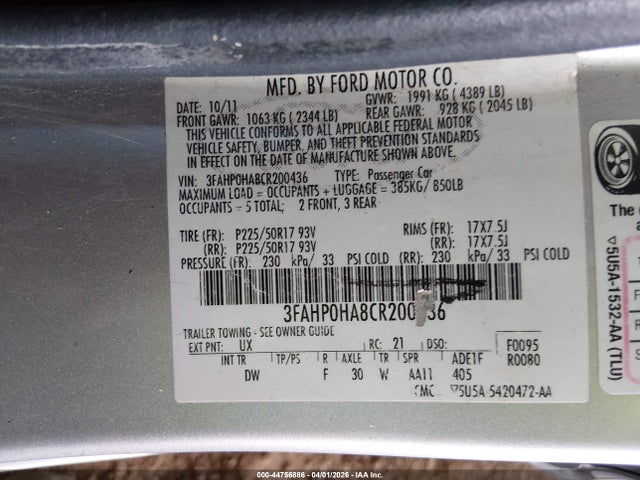 Aukcja sprzedaży 2012 Ford Fusion Se, vin: 3FAHP0HA8CR200436, numer aukcji: 44756886
