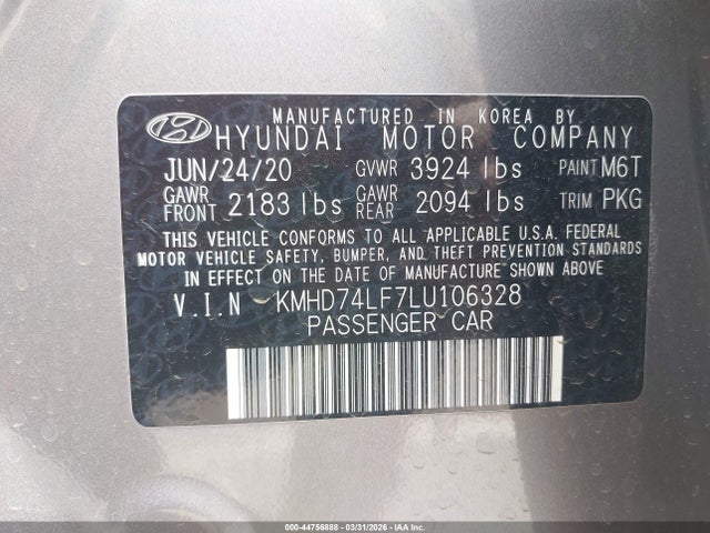 Продажа на аукционе авто 2020 Hyundai Elantra Se, vin: KMHD74LF7LU106328, номер лота: 44756888