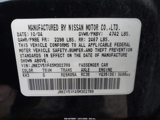 Aukcja sprzedaży 2005 Infiniti G35x, vin: JNKCV51F45M302789, numer aukcji: 44756891