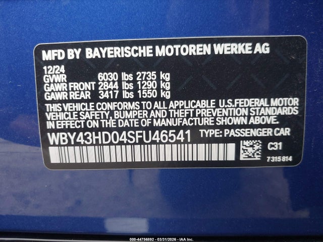 44756892 :رقم المزاد ، WBY43HD04SFU46541 vin ، 2025 Bmw I4 Gran Coupe Xdrive40 مزاد بيع
