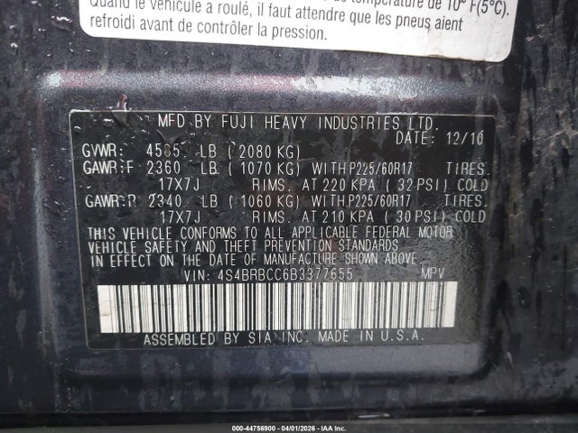 Продаж на аукціоні авто 2011 Subaru Outback 2.5i Premium, vin: 4S4BRBCC6B3377655, номер лоту: 44756900