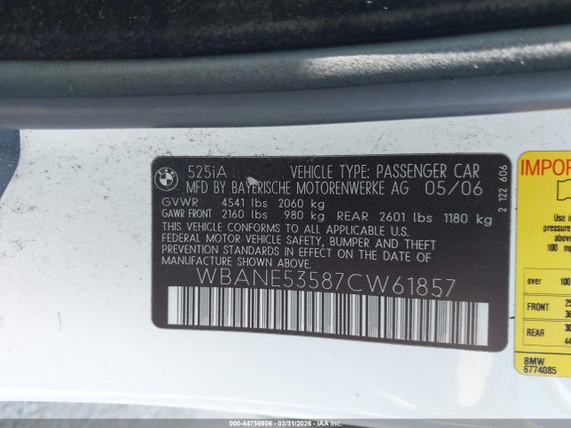 Продажа на аукционе авто 2007 Bmw 525i, vin: WBANE53587CW61857, номер лота: 44756906