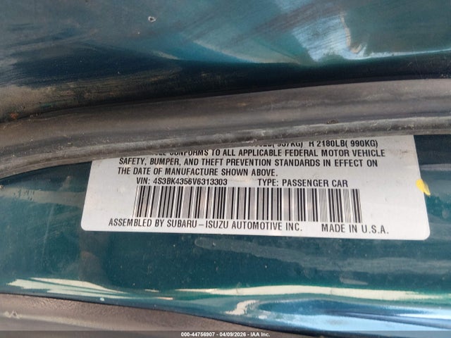 1997 Subaru Legacy L/postal Right-hand Drive მანქანა იყიდება აუქციონზე, vin: 4S3BK4356V6313303, აუქციონის ნომერი: 44756907