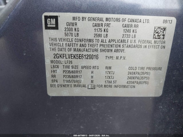 44756913 :رقم المزاد ، 2GKFLVEK5E6120016 vin ، 2014 Gmc Terrain Sle-1 مزاد بيع