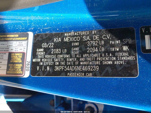 Продаж на аукціоні авто 2022 Kia Forte Gt-line, vin: 3KPF54AD6NE469239, номер лоту: 44756915