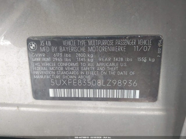 Продажа на аукционе авто 2008 Bmw X5 4.8i, vin: 5UXFE83508LZ98936, номер лота: 44756919