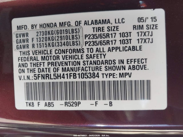 5FNRL5H41FB105384 Honda ODYSSEY EX